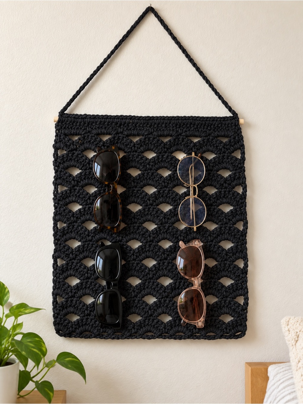 Handmade Black Crochet Wall Organizer | Glasses, Jewelry & Photo Display